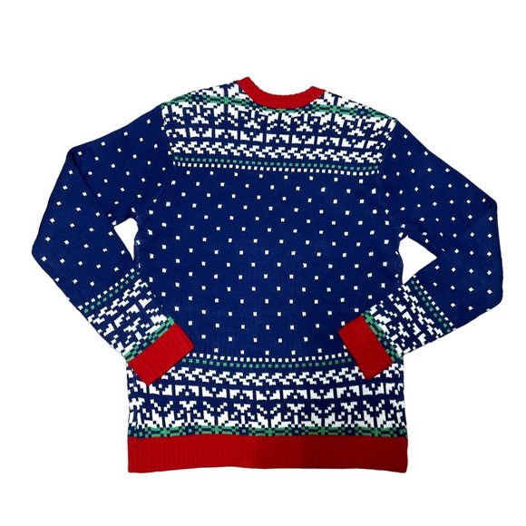 Blizzard Bay Ugly Christmas Sweater Sz Small Santa Riding T Rex Blue Red Unisex - Picture 5 of 5